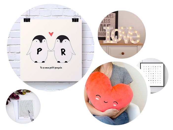 Une sélection de cadeaux femme pour la Saint Valentin : lampe LOVE, coussin cœur, carte